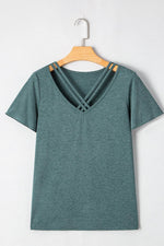 Load image into Gallery viewer, Mist Green Crisscross V Neck Butterfly Sleeve T Shirt - Fashion Queen - 4