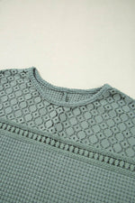 Load image into Gallery viewer, Mist Green Lace Patchwork Waffle Short Sleeve Top - Fashion Queen - 12