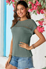 Load image into Gallery viewer, Mist Green Lace Patchwork Waffle Short Sleeve Top - Fashion Queen - 5