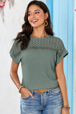 Load image into Gallery viewer, Mist Green Lace Patchwork Waffle Short Sleeve Top - Fashion Queen - 7