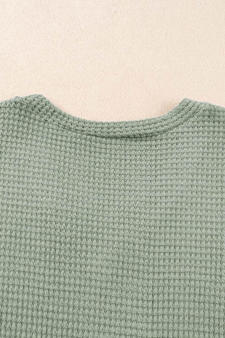Mist Green V Neck Petal Sleeve Waffle Knit T-Shirt - Fashion Queen -  11