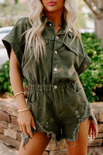 Load image into Gallery viewer, Moss Green Distressed Frayed Denim Romper - Fashion Queen - 1