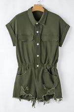 Load image into Gallery viewer, Moss Green Distressed Frayed Denim Romper - Fashion Queen - 10