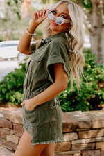 Load image into Gallery viewer, Moss Green Distressed Frayed Denim Romper - Fashion Queen - 3