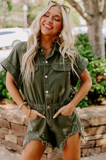 Load image into Gallery viewer, Moss Green Distressed Frayed Denim Romper - Fashion Queen - 4
