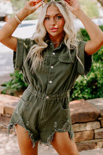 Load image into Gallery viewer, Moss Green Distressed Frayed Denim Romper - Fashion Queen - 6
