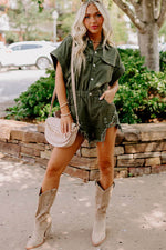 Load image into Gallery viewer, Moss Green Distressed Frayed Denim Romper - Fashion Queen - 7