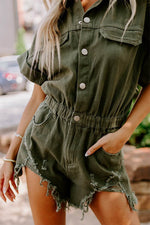 Load image into Gallery viewer, Moss Green Distressed Frayed Denim Romper - Fashion Queen - 8