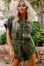 Load image into Gallery viewer, Moss Green Distressed Frayed Denim Romper - Fashion Queen - 9