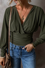 Load image into Gallery viewer, Moss Green Ruched Wrap V Neck Long Sleeve Bodysuit - Fashion Queen - 3