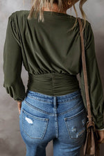 Load image into Gallery viewer, Moss Green Ruched Wrap V Neck Long Sleeve Bodysuit - Fashion Queen - 5