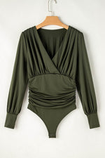 Load image into Gallery viewer, Moss Green Ruched Wrap V Neck Long Sleeve Bodysuit - Fashion Queen - 6