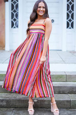 Load image into Gallery viewer, Multicolour Striped Thin Straps Smocked Back Boho Maxi Dress - Fashion Queen - 3
