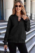Load image into Gallery viewer, Myosotis Solid Textured Stand Neck Zipper Bomber Jacket - Fashion Queen - 18