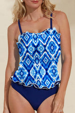 Load image into Gallery viewer, Navy Blue Abstract Print Frilled Trim Spaghetti Straps Tankini Set - Fashion Queen - 22