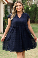 Load image into Gallery viewer, Navy Blue Dotty Textured Notched Neck Plus Ruffled Dress - Fashion Queen - 10