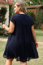 Load image into Gallery viewer, Navy Blue Dotty Textured Notched Neck Plus Ruffled Dress - Fashion Queen - 11