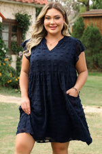 Load image into Gallery viewer, Navy Blue Dotty Textured Notched Neck Plus Ruffled Dress - Fashion Queen - 12