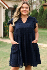 Load image into Gallery viewer, Navy Blue Dotty Textured Notched Neck Plus Ruffled Dress - Fashion Queen - 14