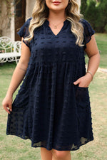 Load image into Gallery viewer, Navy Blue Dotty Textured Notched Neck Plus Ruffled Dress - Fashion Queen - 17