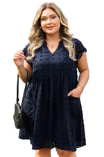 Load image into Gallery viewer, Navy Blue Dotty Textured Notched Neck Plus Ruffled Dress - Fashion Queen - 18