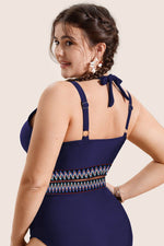 Load image into Gallery viewer, Navy Blue Embroidered Trim Wrap Tie Knot Plus Size High Waisted Bikini - Fashion Queen - 10