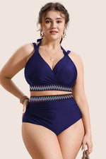 Load image into Gallery viewer, Navy Blue Embroidered Trim Wrap Tie Knot Plus Size High Waisted Bikini - Fashion Queen - 13