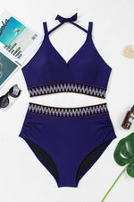 Load image into Gallery viewer, Navy Blue Embroidered Trim Wrap Tie Knot Plus Size High Waisted Bikini - Fashion Queen - 14