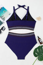 Load image into Gallery viewer, Navy Blue Embroidered Trim Wrap Tie Knot Plus Size High Waisted Bikini - Fashion Queen - 15
