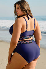 Load image into Gallery viewer, Navy Blue Embroidered Trim Wrap Tie Knot Plus Size High Waisted Bikini - Fashion Queen - 2