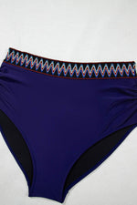 Load image into Gallery viewer, Navy Blue Embroidered Trim Wrap Tie Knot Plus Size High Waisted Bikini - Fashion Queen - 22