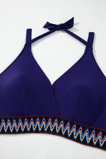 Load image into Gallery viewer, Navy Blue Embroidered Trim Wrap Tie Knot Plus Size High Waisted Bikini - Fashion Queen - 26