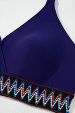 Load image into Gallery viewer, Navy Blue Embroidered Trim Wrap Tie Knot Plus Size High Waisted Bikini - Fashion Queen - 28