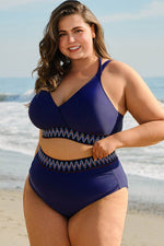 Load image into Gallery viewer, Navy Blue Embroidered Trim Wrap Tie Knot Plus Size High Waisted Bikini - Fashion Queen - 3