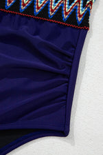 Load image into Gallery viewer, Navy Blue Embroidered Trim Wrap Tie Knot Plus Size High Waisted Bikini - Fashion Queen - 30