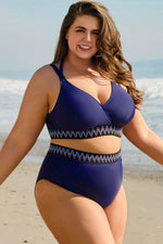 Load image into Gallery viewer, Navy Blue Embroidered Trim Wrap Tie Knot Plus Size High Waisted Bikini - Fashion Queen - 4