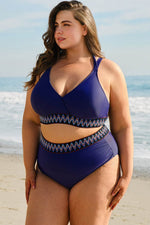 Load image into Gallery viewer, Navy Blue Embroidered Trim Wrap Tie Knot Plus Size High Waisted Bikini - Fashion Queen - 5