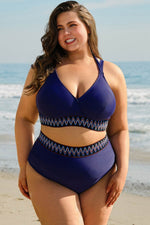 Load image into Gallery viewer, Navy Blue Embroidered Trim Wrap Tie Knot Plus Size High Waisted Bikini - Fashion Queen - 6
