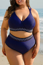 Load image into Gallery viewer, Navy Blue Embroidered Trim Wrap Tie Knot Plus Size High Waisted Bikini - Fashion Queen - 8