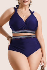 Load image into Gallery viewer, Navy Blue Embroidered Trim Wrap Tie Knot Plus Size High Waisted Bikini - Fashion Queen - 9