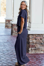 Load image into Gallery viewer, Navy Blue Raw Hem Loose Tee and Wide Leg Pants Set - Fashion Queen - 3