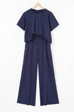 Load image into Gallery viewer, Navy Blue Raw Hem Loose Tee and Wide Leg Pants Set - Fashion Queen - 4