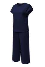Load image into Gallery viewer, Navy Blue Solid Color Textured Short Sleeve Top and Casual Pants Set - Fashion Queen - 11