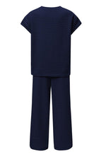Load image into Gallery viewer, Navy Blue Solid Color Textured Short Sleeve Top and Casual Pants Set - Fashion Queen - 12