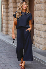 Load image into Gallery viewer, Navy Blue Solid Color Textured Short Sleeve Top and Casual Pants Set - Fashion Queen - 7