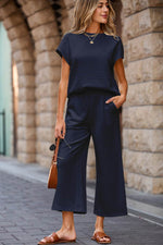 Load image into Gallery viewer, Navy Blue Solid Color Textured Short Sleeve Top and Casual Pants Set - Fashion Queen - 8