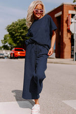 Load image into Gallery viewer, Navy Blue Textured Loose Fit T Shirt and Drawstring Pants Set - Fashion Queen - 4