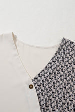 Load image into Gallery viewer, Oatmeal Contrast Geometric Print Patchwork V Neck Short Sleeve Plus Size Top - Fashion Queen - 12