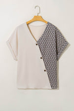 Load image into Gallery viewer, Oatmeal Contrast Geometric Print Patchwork V Neck Short Sleeve Plus Size Top - Fashion Queen - 6