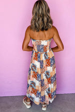 Load image into Gallery viewer, Orange Floral Patchwork Printed Frilled Bandeau Smocked High Waist Long Dress - Fashion Queen - 2